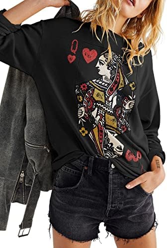 Fazortev Womens Crewneck Graphic Sweatshirts Queen Of Hearts Long Sleeve Shirts Cute Loose Fit Casual Pullover Tops