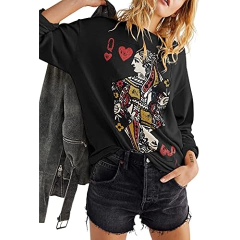 Fazortev Womens Crewneck Graphic Sweatshirts Queen Of Hearts Long Sleeve Shirts Cute Loose Fit Casual Pullover Tops Black Cover