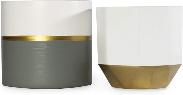 Ceramic Planters - Set of 2 | Two Sizes | White, Gold & Grey | Vase for Flowers | Drainage Holes | For Indoor Use | Real & Artificial Plants | M&W
