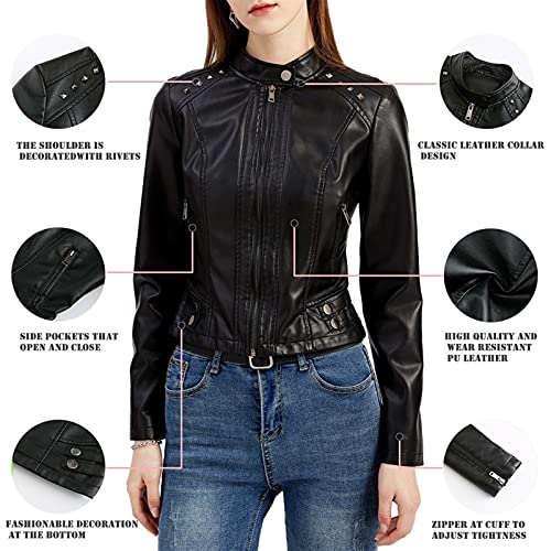 Jaquetas femininas curtas primavera outono slim para motociclista jaqueta, couro rebitado manga long
