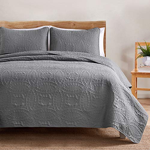 VEEYOO Bedspread Quilt Set Full/Queen Size - Soft Microfiber Lightweight Coverlet Quilt Set for All Season, Quilt Set 3 Piece (1 Quilt, 2 Pillow Shams), Grey