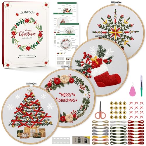 CYANFOUR 4 Pack Christmas Embroidery Kit for Beginners, with Step-by-Step Instructions and Clear Videos, Includes Multiple Accessories, Gift for Craft Lovers.