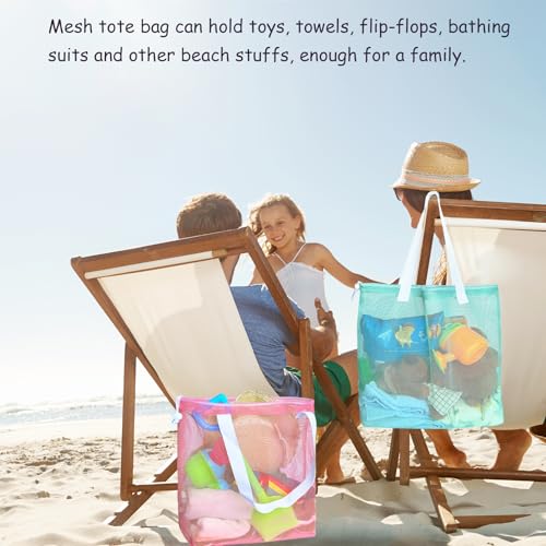 Image of Resuable 4Pack Shopping Mesh Tote Bags,Mesh Beach Bags With Drawsting For Kid's Toys,Travel,Picnic Or Laundry (white handle)