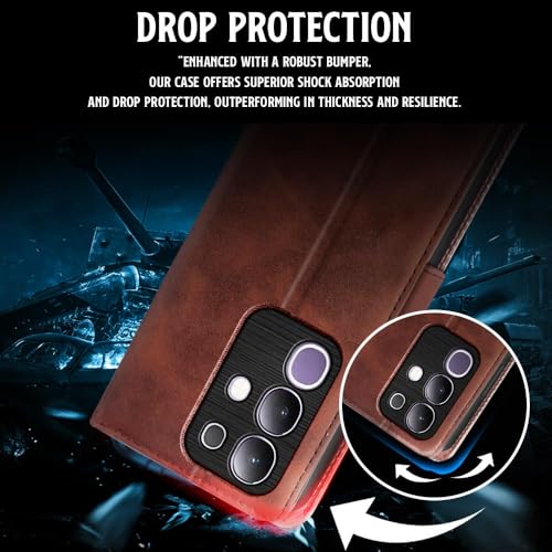 Image of WOW IMAGINE Shock Proof Flip Cover Back Case for Vivo T4x 5G | iQoo Z10x 5G | Vivo Y31 Pro 5G (Magnetic Button Flip Case | Wallet Pockets & Stand | Leather Finish | Coffee)
