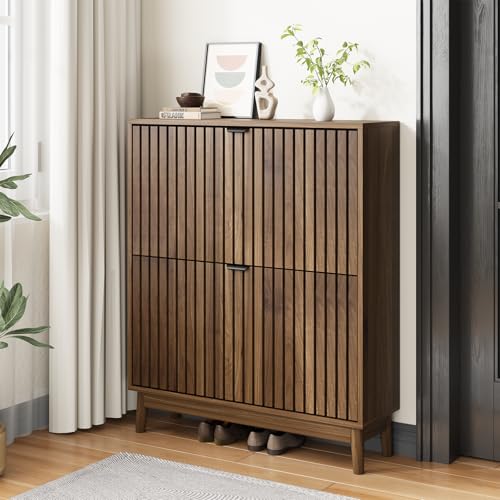 Kiasthome Mueble Zapatero de Madera con 2 Cajones Abatibles, Organizador de Zapatos con Puertas Rejilladas Ventiladas, Zapatero Moderno para Entrada, Pasillo y Salón (Marrón Nogal, 80 cm)