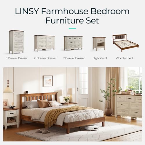 Linsy LH242 Queen Bed Frame, Wood Platform Bed Frame With Headboard, Solid Wood Bed With Wood Slat Support, No Box Spring Needed, Easy Assembly, Walnut thumb #5