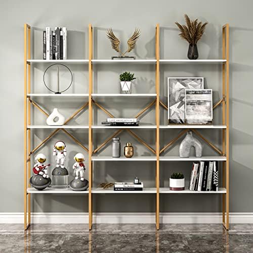 Jehiatek Gold Bookshelf 5 Tiers, Geometric Bookcase, 71"L x 71"H Tall Gold Shelves Etagere Book Case, Sturdy Metal Frame, Freestanding Display Shelving Unit for Home, Office, Library, White and Gold