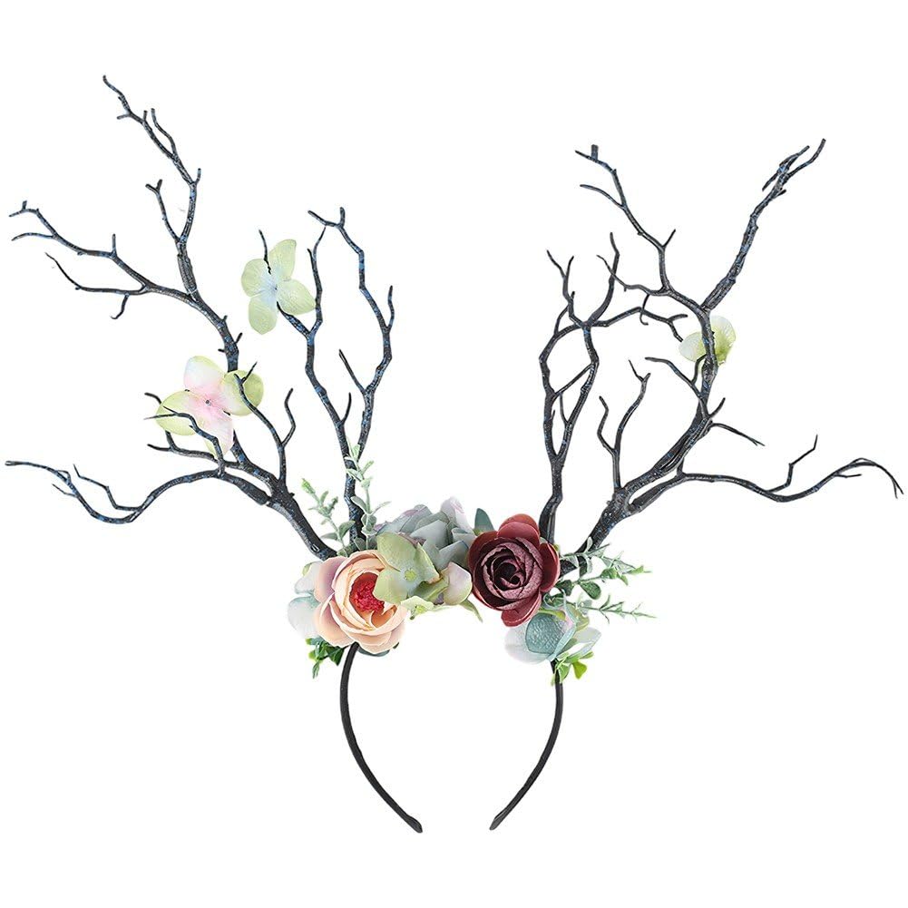 Sofezdo Flower Deer Antlers Headpiece Floral Elk Horn Headband Women Forest Tree Branch Antlers Headpiece for Elf Carnival Cosplay