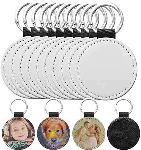 O BOSSTOP 10 Pack Sublimation Blanks Keychain Glitter PU Leather Keychain Heat Transfer Keyring Black Round