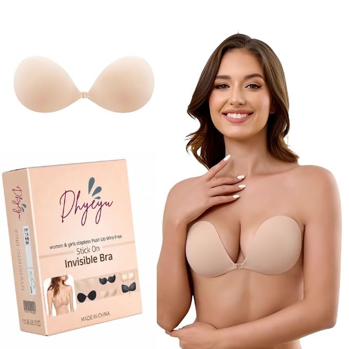dhyeyu Silicone Adhesive Bra for Women, Strapless Backless Invisible Push-Up, Reusable, Wire Free, Seamless, with Front Clasp, (Free Size).-picture-53