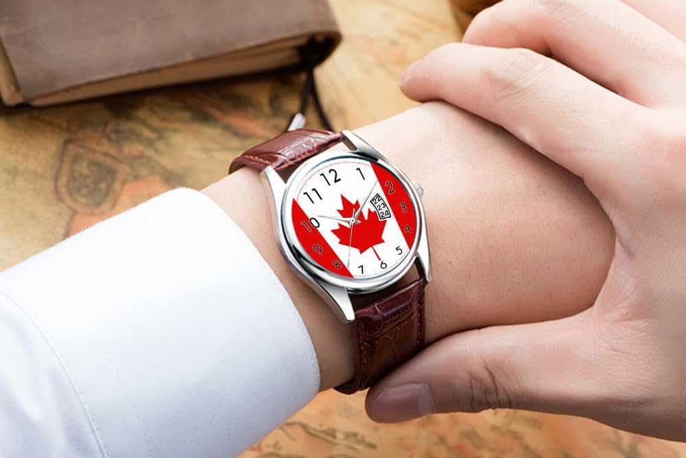 Men Watch Casual Waterproof Quartz Watches Clock Date Classic Business Brown Leather Christmas Wristwatch Canada Maple Leaf Flag Canadian Watch