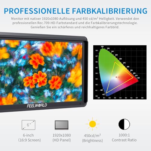 Feelworld S55 V3 6 Zoll DSLR Kamera Field Monitor Small Full HD 3DLUT 1920x1080 IPS Peaking Focus Video Assist mit 4K HDMI 8.4V DC Input Output Komplett mit Batterie und Tasche,Tilt Arm