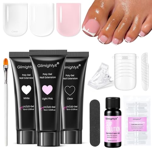 GlimightyX Polygel Toenail Kit Clear White Pink with Toe Dual Nail Forms