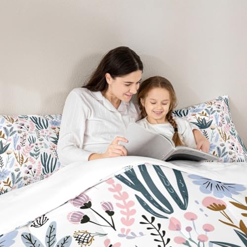 Image of Feelyou King Size Comforter Set, Cartoon Flowers Duvet Set - Pink, Green Plants, Botanical Leaves and Flowers Pattern, Durable Quilt Set
