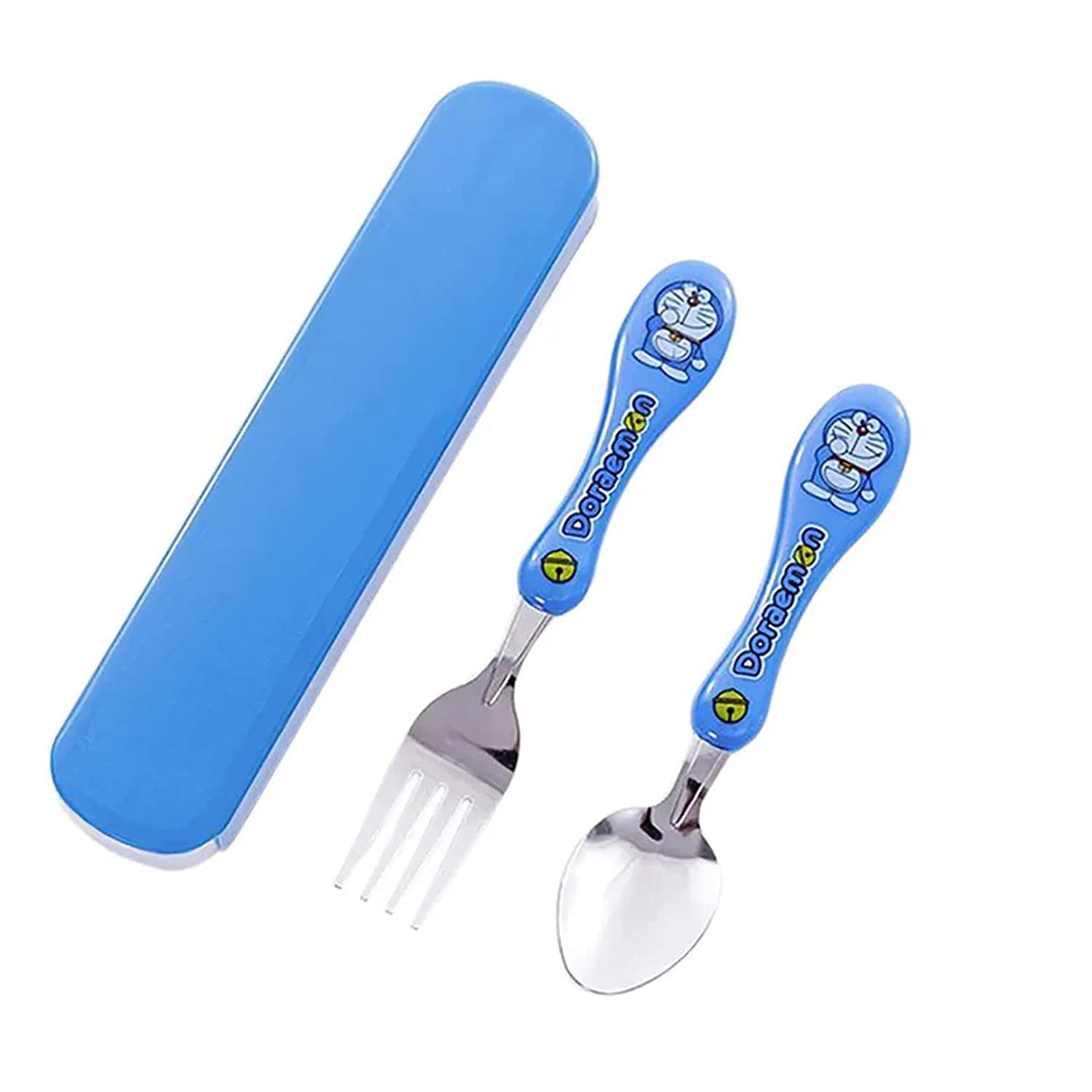 ZWEELAY Set of 2 PCs Random Cartoon Print Design Reusable Stainless Steel Spoon Fork Set for Kid's with Case, Travel Camping Utensil Silverware Forks Spoon Set for Children (Multicolor)