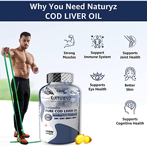 Naturyz Triple Strength Omega 3 Fish Oil 2500mg with Highest Strength (EPA 1200mg DHA 800mg) & Imported Icelandic COD Liver Oil Combo Pack for Immunity Skin Eye Muscle Joint, 2 count,60100 capsules