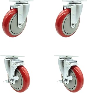 Polyurethane Swivel Top Plate Caster Set of 4 with 5 Inch Red Wheels - Includes 2 Swivel with Top Locking Brakes and 2 Swivel - 1400 lbs. Total Capacity - Service Caster Brand