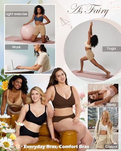Image of As Fairy Womens Soft Comfortable No Underwire Bras V Neck Seamless Push Up Bralettes Full Coverage Tshirt Brassiere