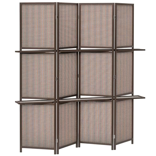 HOMCOM Biombo de 4 Piezas de Bambú Biombo Separador de Ambientes Plegable con 2 Estantes...
