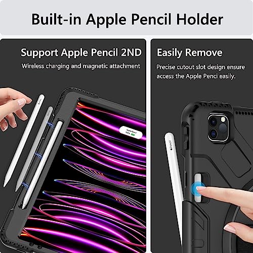 Miesherk Case for iPad Pro 12.9 Inch 6th/5th/4th Generation, Military Grade Heavy Duty Shockproof iPad Pro 12.9 Case - Rotating Stand, Pencil Holder, Hand/Shoulder Strap, Black+Black