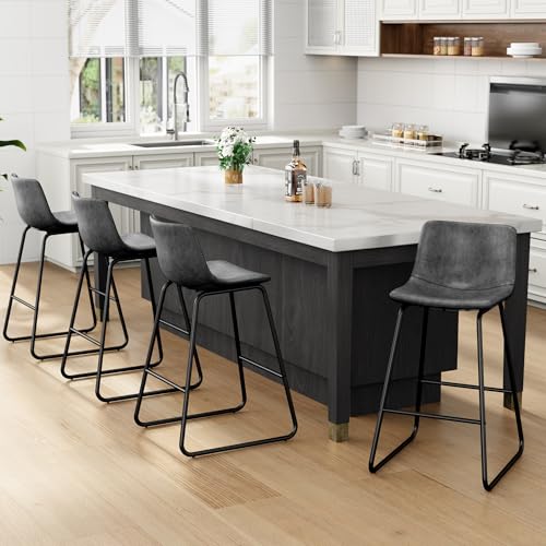 Image of REONEY Bar Stools Set of 3, 26 inch Urban Faux Leather Counter Stools, Grey