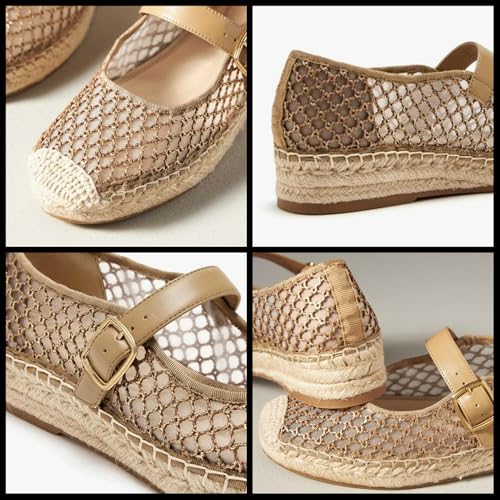 KysBloes Woven Platform Mary Janes Espadrille Flats for Women Wegde Mesh Ballet Flats Fishnet Buckle Strap Pumps Raffia Ballerina Shoes4