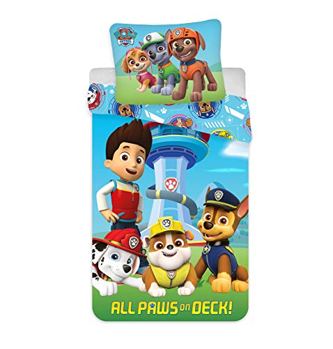 Paw Patrol Parure de lit 2 pièces pour Enfant avec Housse de Couette 100 x 135 cm et taie d'oreiller 40 x 60 cm, 100% Coton Öko-Tex, Chase, Marshall, Rubble,...