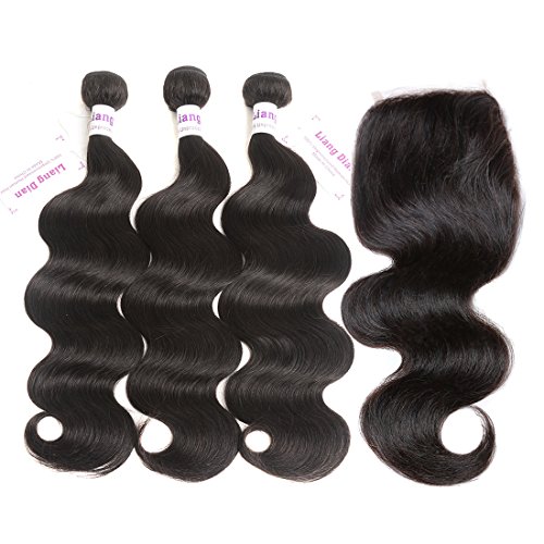 LiangDian Brazilian Virgin Body Wave 3 bundles With Free Part Closure Natural Color 100% Unprocessed Human Hair Weave Weft with Lace Closure (14 16 18 + 12)