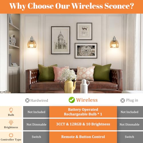 Image of VerRon Rechargeable Battery Operated Wall Sconce with Amber Glass Lampshade, Wireless Wall Scone Decor with Remote Control, 15 Colors Brushed Nickle Wall Light for Bedside Hallway Bedroom Doorway