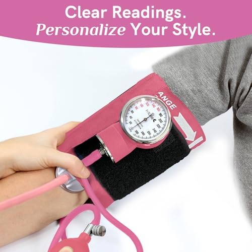 Image of FriCARE Rose Pink Blood Pressure Cuff Manual for Nurses /Nursing Students | Aneroid Sphygmomanometer for Home BP Monitoring & Medical School Training Use, Universal Adult Size with Carrying Bag