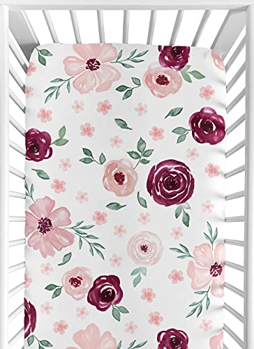 Image of Sweet Jojo Designs Burgundy Watercolor Floral Girl Fitted Crib Sheet Baby or Toddler Bed Nursery - Blush Pink, Maroon, Wine, Rose, Green and White Shabby Chic Flower Farmhouse