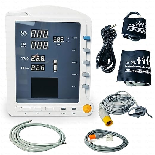 Image of OTICA CMS 5100 Patient Monitor for Hospitals | Measures Heart Rate, SpO2, Arm Blood Pressure, Temperature | Vital BP Monitor for Patient (CMS 5100 with Pediatric Accessories), Multicolor