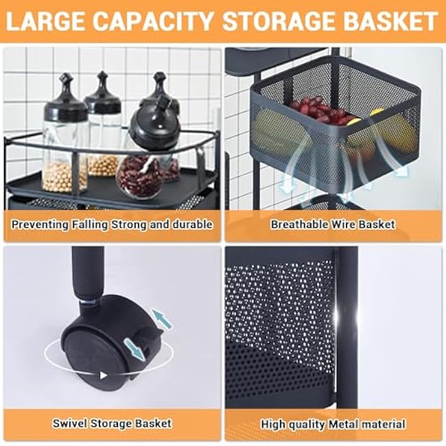 5 Tier Rolling Utility Cart, Storage Cart On Wheels- 360 ¡ã Rotatable, for Vegetable Fruit Snack Makeup Store, for Kitchen Bathroom Pantry(Black)-mlypuy4x