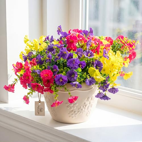 Image of Artificial Flowers for Outdoors, UV Resistant Fake Silk Morning Glory, Realistic Faux Plants for Outside Porch Patio Window Box Hanging Planter (12, Purple Yellow Hotpink)