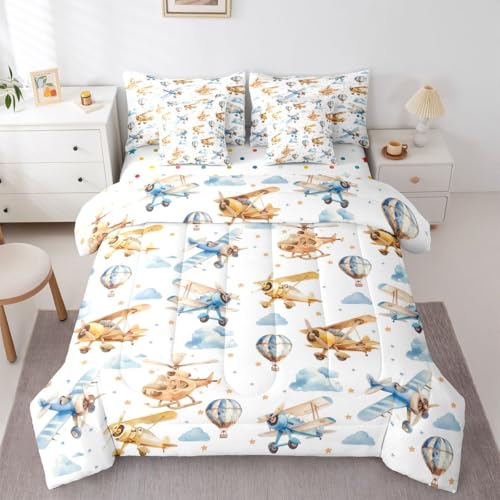 Helicopter Comforter Set 7 Pcs,Watercolor Hot Air Balloon Kids Bed Set,Cartoon Airplane Style Comforter,Bule Yellow Bedding Twin with Comforter,Fitted Sheet,Flat Sheet,Pillowcases,Pillow Covers