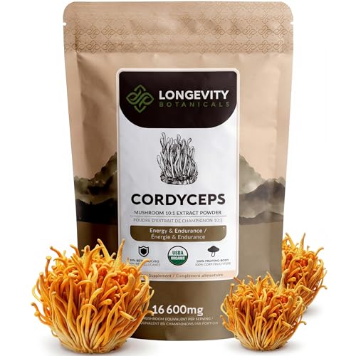 Organic Cordyceps Mushroom Powder Supplement 100g | Pure Fruiting Body 10:1 High Strength Extract | 30% Beta-D Glucans | 16,600mg Raw Equivalent Per Serving | Energy, Endurance & Lung Support