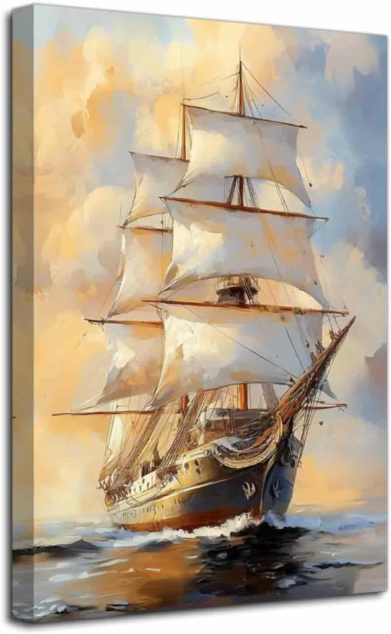 LZIMU Pirate Ship Canvas Wall Art Vintage Sailing Ship Pictures Prints Seascape Ocean Paintings Abstract Sailboat Poster Nautical Boat Artwork Living Room Bedroom Decor (Blue, (18L x 12W))