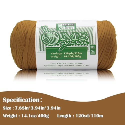 Image of 400g T Shirt Yarn, Tshirt Crochet Yarn for Crocheting Bag /Craft Project /Home Decor, 14.1oz /400g, 120yd /110m Crochet with Polyester Spandex Blend Stretch Fabric(Caramel)