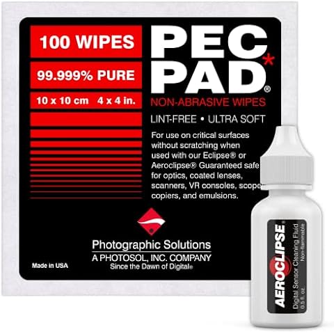 Aeroclipse Optic Cleaning Fluid and PEC-PAD Lint Free Wipes - Critical Optic Non-Flammable Cleaning Solution - Non-Abrisive Cleaning Wipes for Sensitive Glass - Cleaning Kit - Dropper Tip (15ml) 0.5oz Cover