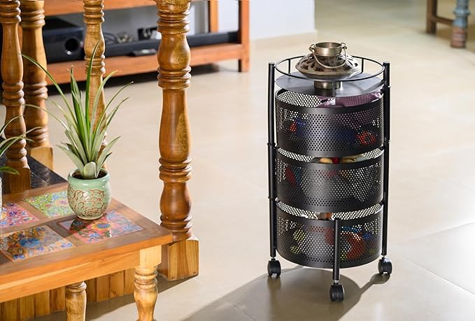 Image of KITCHIVO Kitchen Storage Rack | Revolving Vegetable Rack | Square Multipurpose Storage Trolley with Wheels | Metal Fruit Rack (Black Round, 3 Layer)