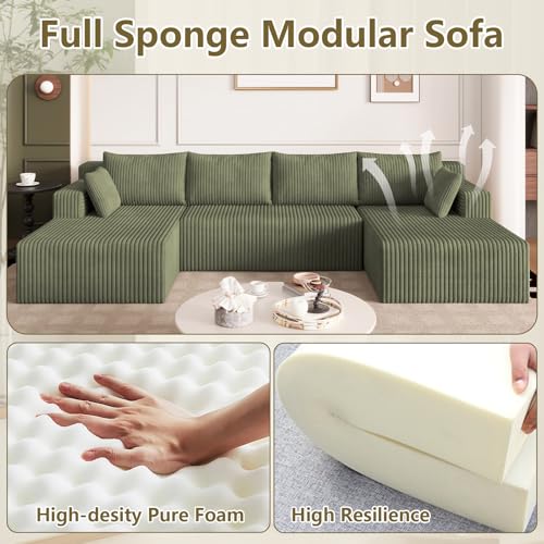 Image of 124 inch Modular Sectional Sleeper Sofa, Boneless Cloud Couch for Living Room, U Shaped 3 Seat Sofa with Deep Seat, Free Combination, Couch in a Box, No Assembly Required (Green)