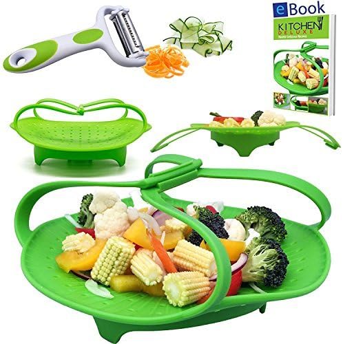 PREMIUM Silicone Vegetable Steamer Basket - Green - BEST Bundle - Fits Instant Pot - BONUS Accessories - eBook + Julienne Peeler - 100% Silicon - Food Steam Insert - For Instapot Pressure Cooker