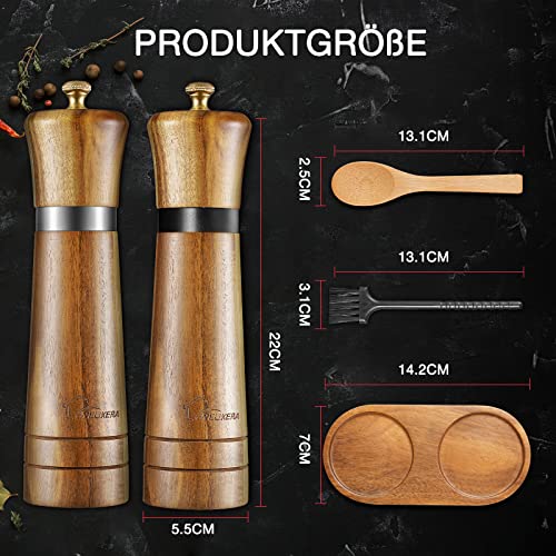 Foto von Pfeffermühlen Set-Salzmühle aus Akazienholz-Gewürzmühlen-Keramikmahlwerk (21cm)-Chilimühle - Pfeffermühlenset mit Untersetzer,Einfülllöffel und Bürste, für verschiedene Gewürze