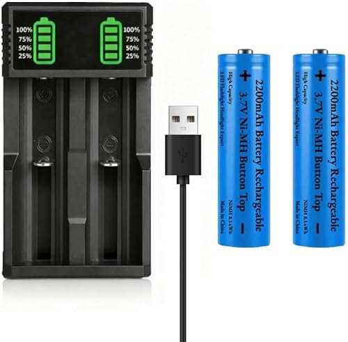 Vista 8 de Cargador de batería 18650 con paquete de 2 pilas de 3.7V 2200mAh Ni-MH planas, pantalla LCD de 2 bahías, cargadores de batería USB universales