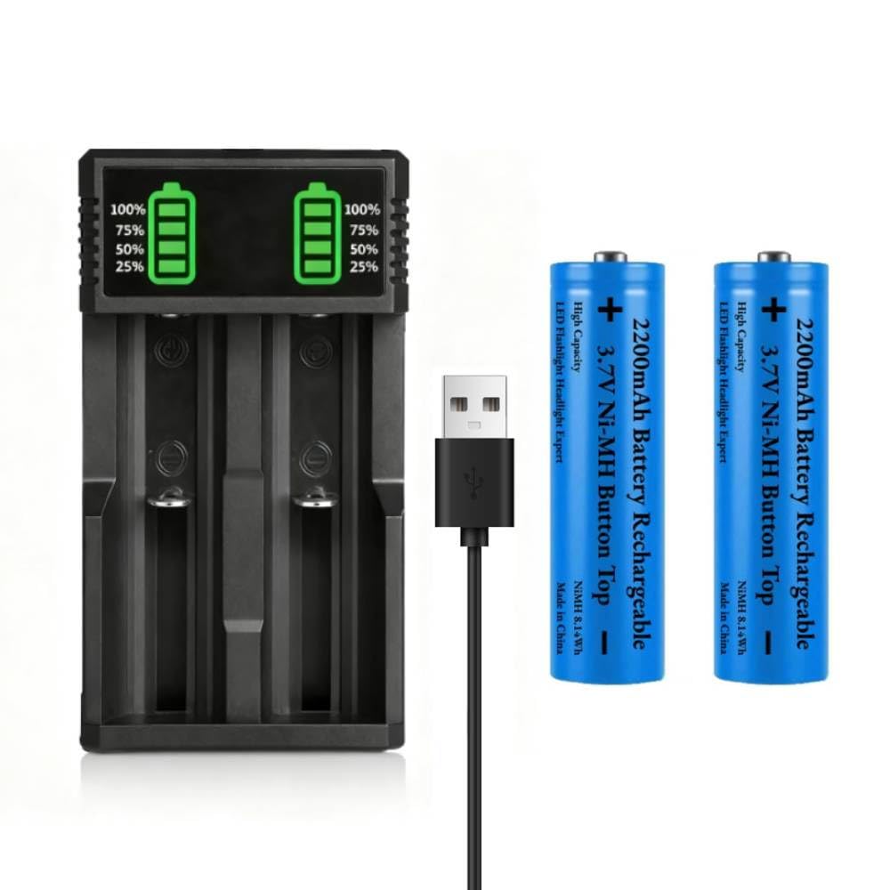 18650 Battery Charger with 2 Pack 3.7V 2200mAh Button Top Battery Ni-MH,2 Bay LCD Display Smart Universal USB Battery Chargers for 18650 18500 21700 26650 14500 16340 10440 3.7V Rechargeable Batteries Button Top Batteries