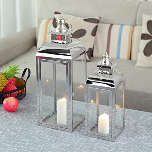 JHY DESIGN Stainless Steel Hanging Candle Lanterns, 52cm&38cm High Set of 2 Pagoda Candle Lanterns Large Candle Holder for Indoor Party Wedding Living Room Graden Entryway Outdoor Balcony(Silver)