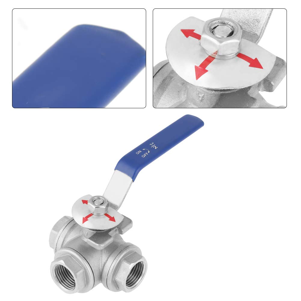 Valvola a Sfera a Tre Vie in Acciaio Inox, Filetto Femmina DN15 / 1/2 Pollice della Valvola a Sfera del Tubo con Maniglia di Bloccaggio per Acqua, Petrolio e Gas