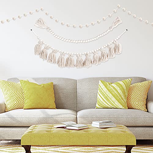 3 Pieces Boho Tassel Garland With Wooden Beads, Farmhouse Beads Garland With Tassels, Pom Pom Garlands For Boho Home Modern Farmhouse Rustic Home Mantle Decor (Classic Color) #TOP4