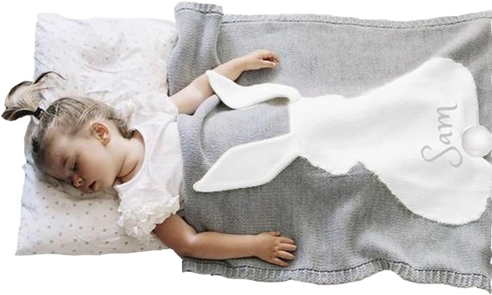 Personalized 3D Baby Blanket Cotton Knit Blanket Grey Bunny Custom Monogram Embroidered Gift Baby Shower Infant Warm Blankie Blanket Swaddle (Grey Bunny)