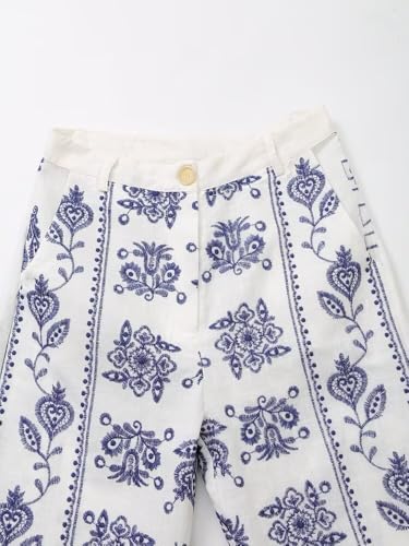 Moroccan Retro Blue Flower Embroidered Casual Pants Trousers Women Fashion Straight Cropped Pants Ladies3